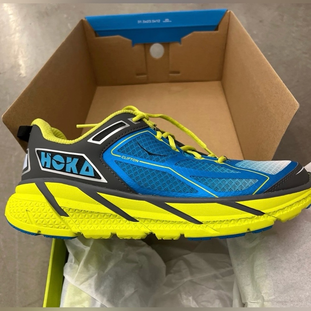 New Hoka Neon Yellow and Blue Athletic Shoes - Picture 2 of 7